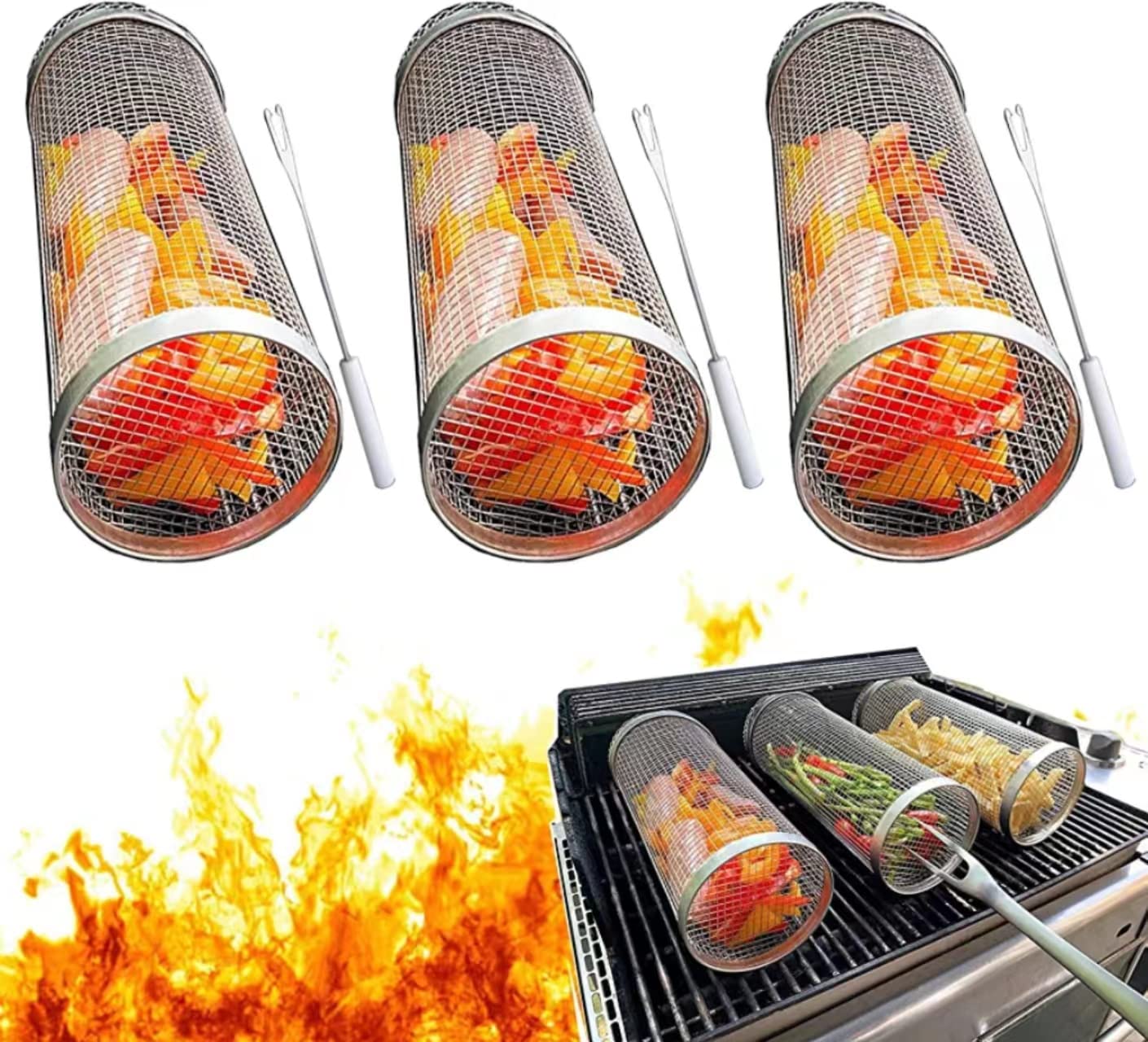 Rolling Grilling Basket BBQ Net Tube Round Stainless Steel BBQ Grill Mesh Cylinder Camping Barbecue Rack for Vegetables Fries Mary's Mercantile Shoppe