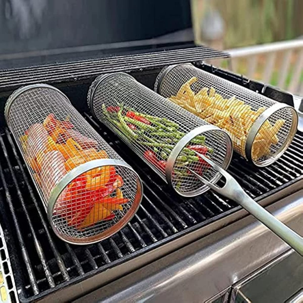 Rolling Grilling Basket BBQ Net Tube Round Stainless Steel BBQ Grill Mesh Cylinder Camping Barbecue Rack for Vegetables Fries Mary's Mercantile Shoppe